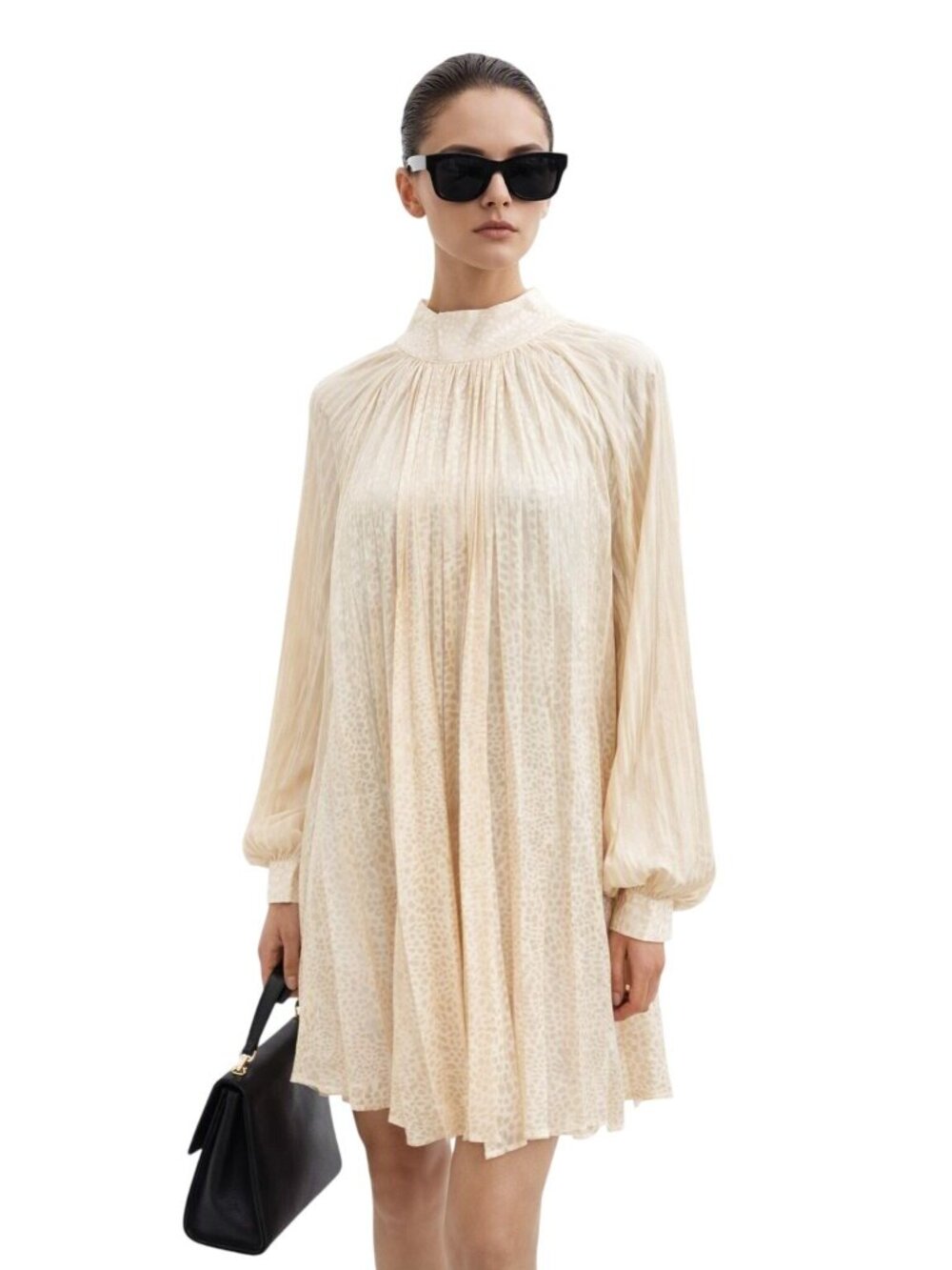 NWT Beulah Style ModernWomen OS Pleated L/S Ivory Swing Dress Animal Print